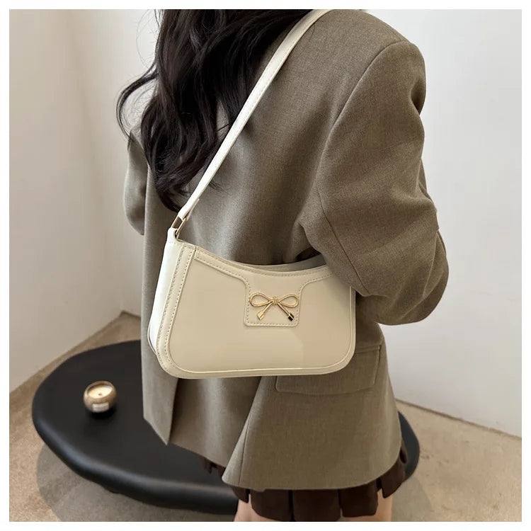 Chic Handbag Shoulder Bag for Women Elegant Underarm Purse with Golden-Tone Bow Detail, PU Material, Perfect for Everyday Use