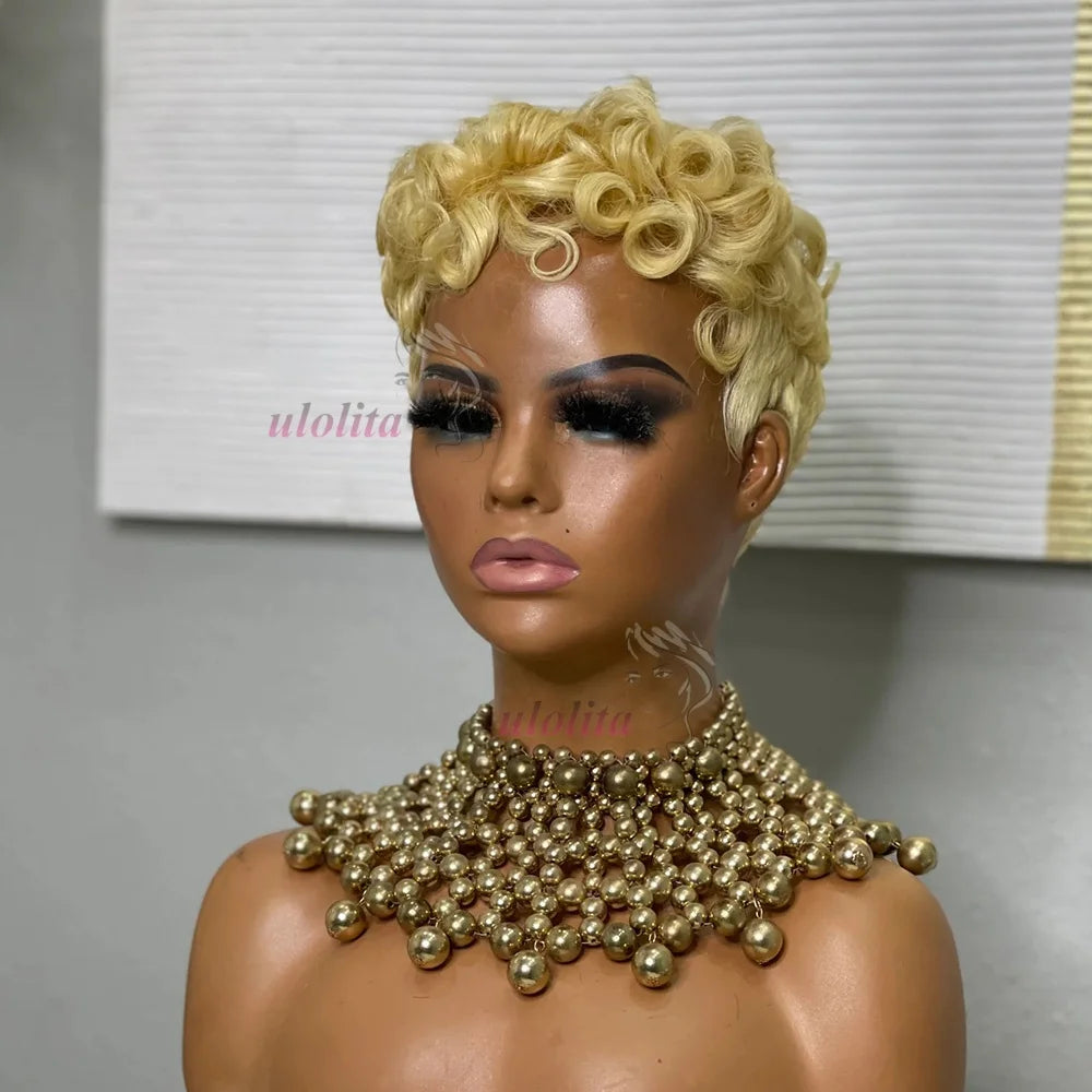 Deep Wave Wig Human Hair 613 Honey Blonde Short Pixie Cut Wig For Black Women Full Machine Made Curly Wigs Ginger Wig Human Hair