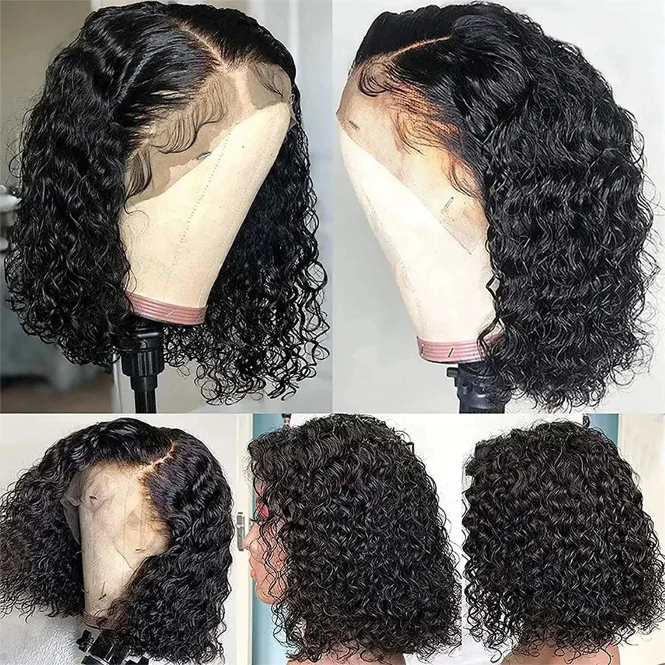 Brazilian 100% Human Deep Curly Bob Hair Wigs Natural Black Color Deep Wave HD Lace Front Part 13x4 Transparent Lace Wigs