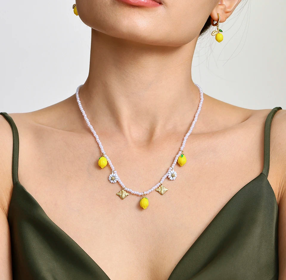 Handmade Beaded Necklace Matching Bracelet Earrings With Lemon Pendant Charms Shell Beads Necklaces Bracelets Earring For Women