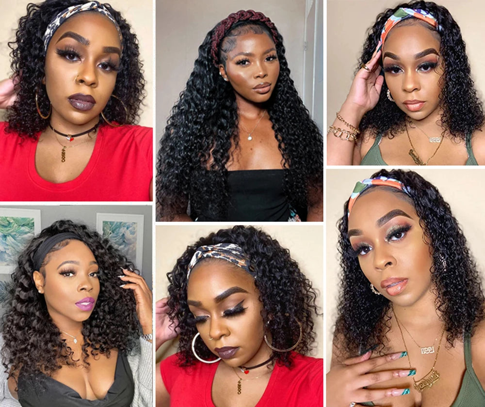 Human Hair Headband Wig Short Curly Human Hair Wigs Full Machine Made Indian Remy Human Hair Wigs For Black Women 180% Density