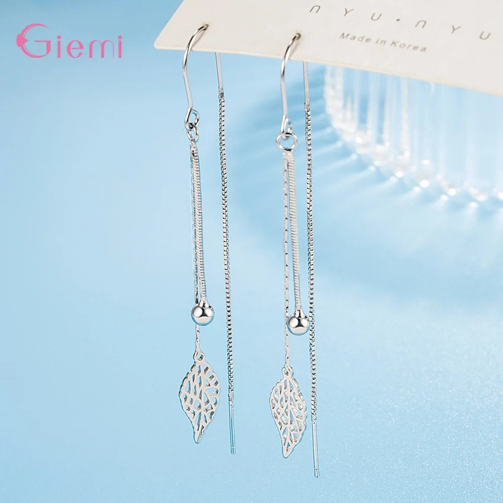 925 Sterling Silver Earrings Fashion Jewelry Simple Hollow Leaf Tassel Long Box Chain Thread Pendientes Ear Decoration Ornaments