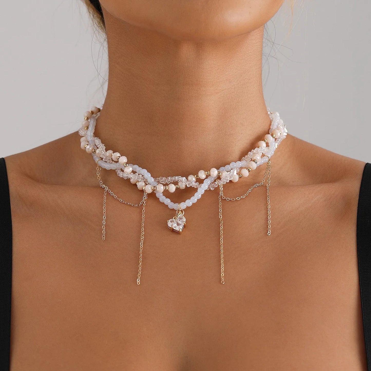 New Heart Beaded Necklace Bracelet Ring Women Boho Crystal Class Gravel Clavicle Chain Cool Y2K Choker Exquisite Fashion Jewelry