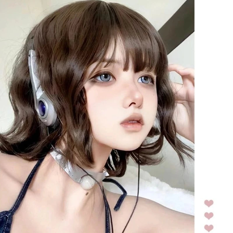 32m Synthetic Short Curly Hair Wig for Women Natural Wavy Wig with Air Bangs Fashionable Full Head Wig Cosplay Curly Hair Female