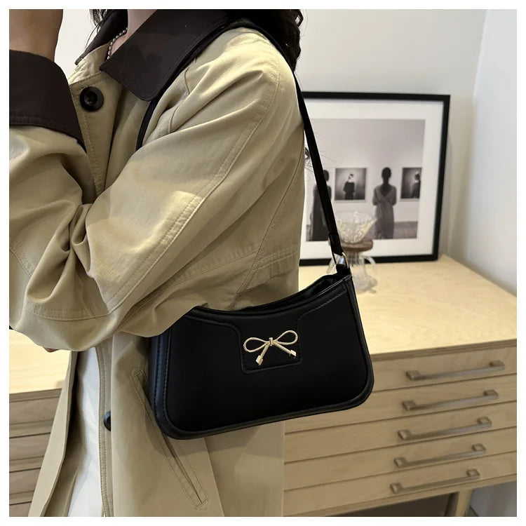 Chic Handbag Shoulder Bag for Women Elegant Underarm Purse with Golden-Tone Bow Detail, PU Material, Perfect for Everyday Use