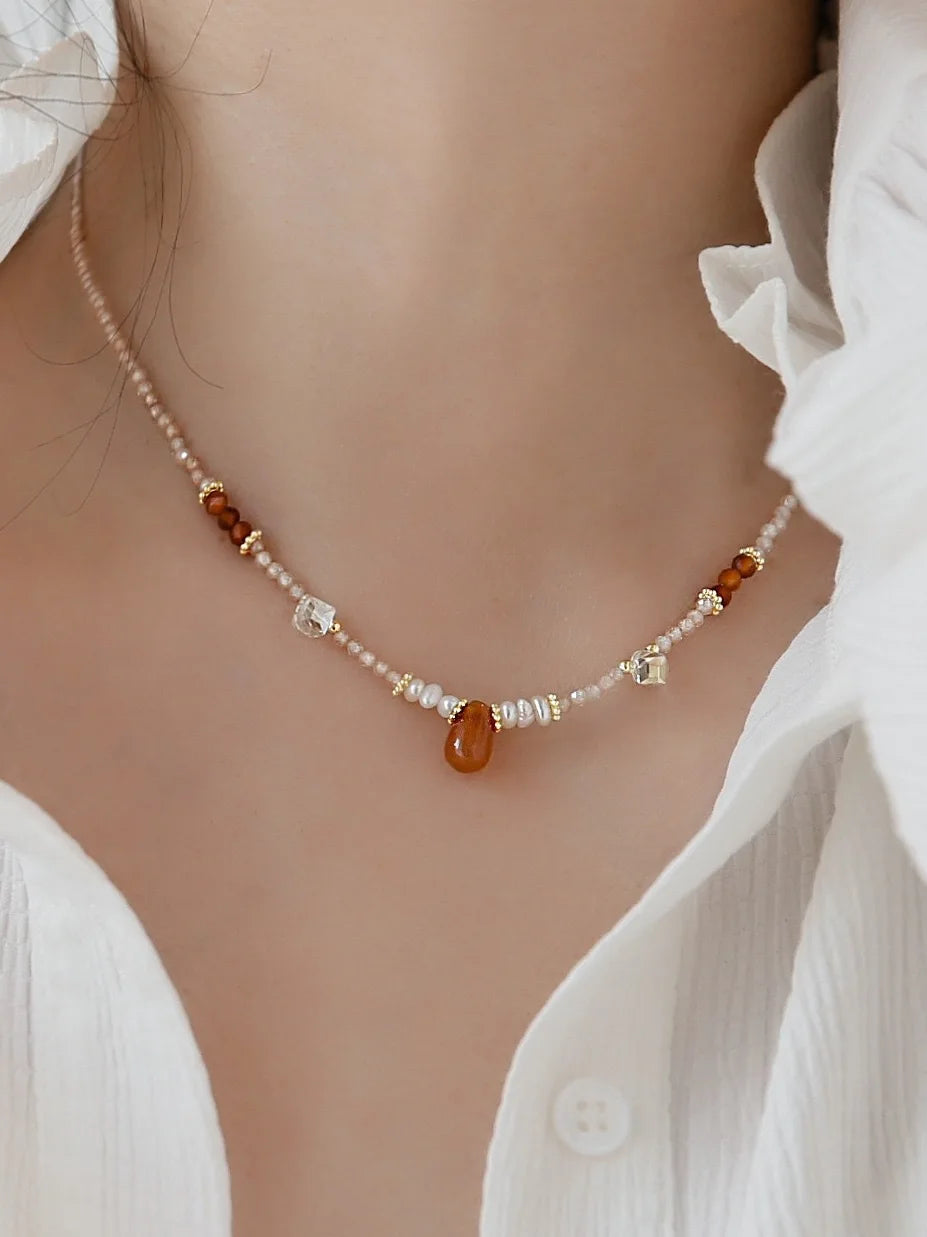 Natural Pearls Necklaces Bracelets Set Women Girls Black Crystal Agate Lazurite Zircon Collarbone Chain Necklace Jewelry Gift