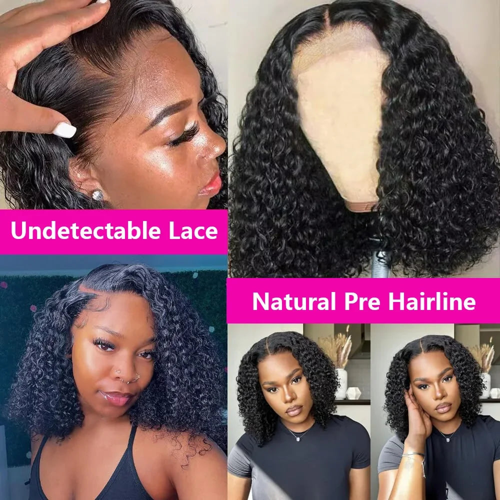 Brazilian 100% Human Deep Curly Bob Hair Wigs Natural Black Color Deep Wave HD Lace Front Part 13x4 Transparent Lace Wigs