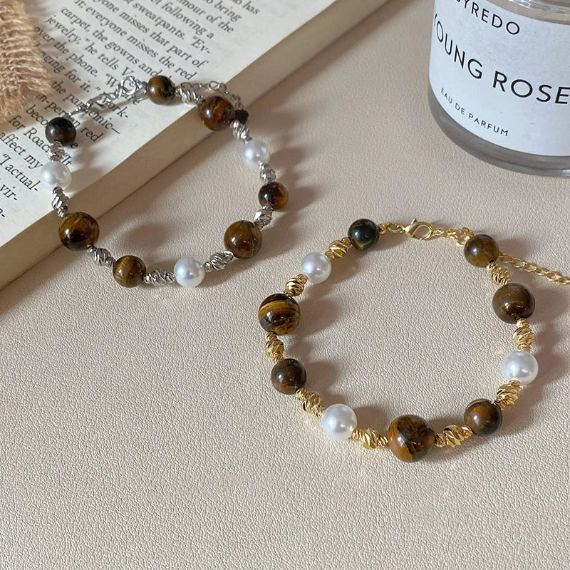 Stainless Steel Natural Tiger Eye Stone Bracelet For women Pearl Indian Style Necklaces and Bracelets Handmade Ethnic Jewel