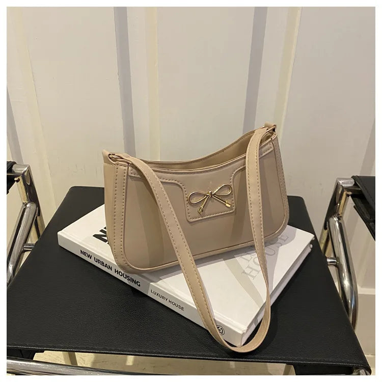Chic Handbag Shoulder Bag for Women Elegant Underarm Purse with Golden-Tone Bow Detail, PU Material, Perfect for Everyday Use