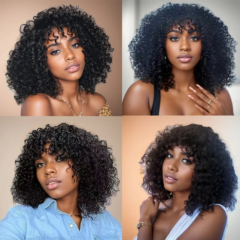 Human Hair Curly Wig With Bangs Natural Brazilian Hair Wigs For Women Short Curly Bob Wigs With Fringe 180% D Full Machine Wigs