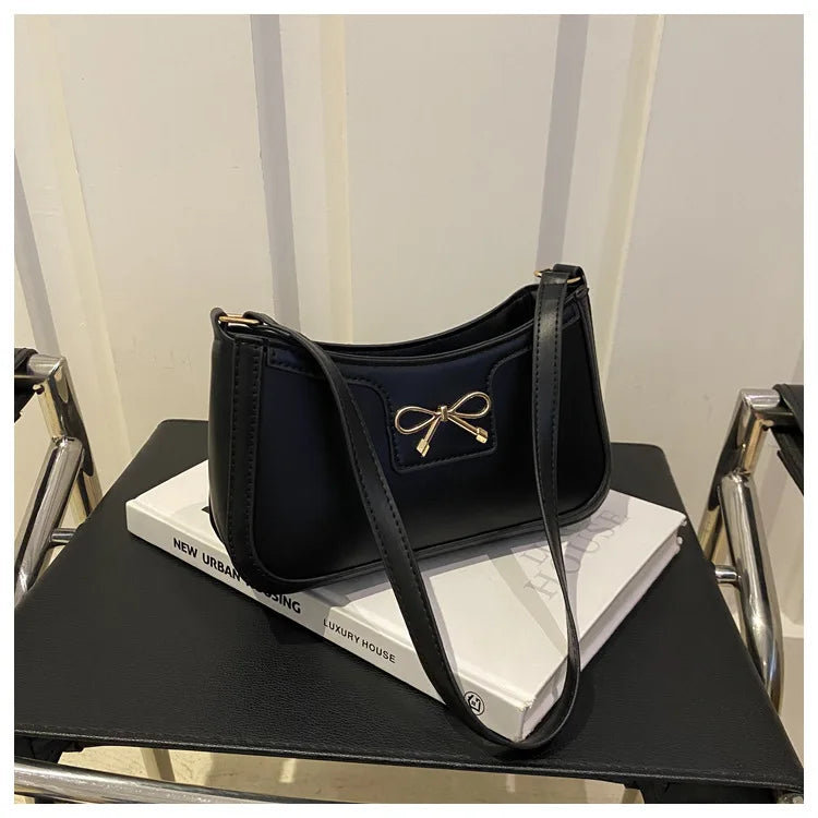 Chic Handbag Shoulder Bag for Women Elegant Underarm Purse with Golden-Tone Bow Detail, PU Material, Perfect for Everyday Use
