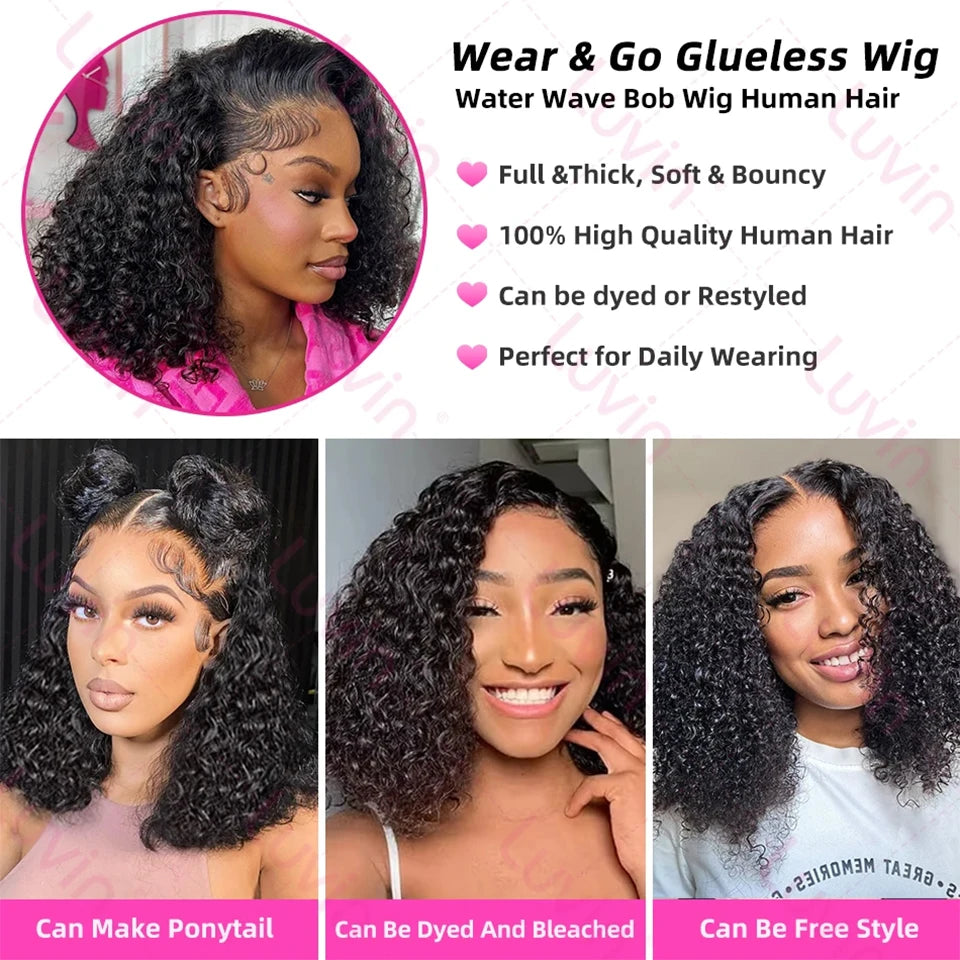 Brazilian 100% Human Deep Curly Bob Hair Wigs Natural Black Color Deep Wave HD Lace Front Wigs 13x4 Transparent Lace Frontal Wig