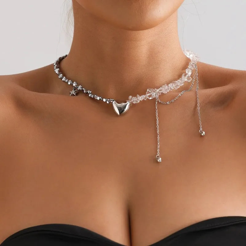 New Heart Beaded Necklace Bracelet Ring Women Boho Crystal Class Gravel Clavicle Chain Cool Y2K Choker Exquisite Fashion Jewelry