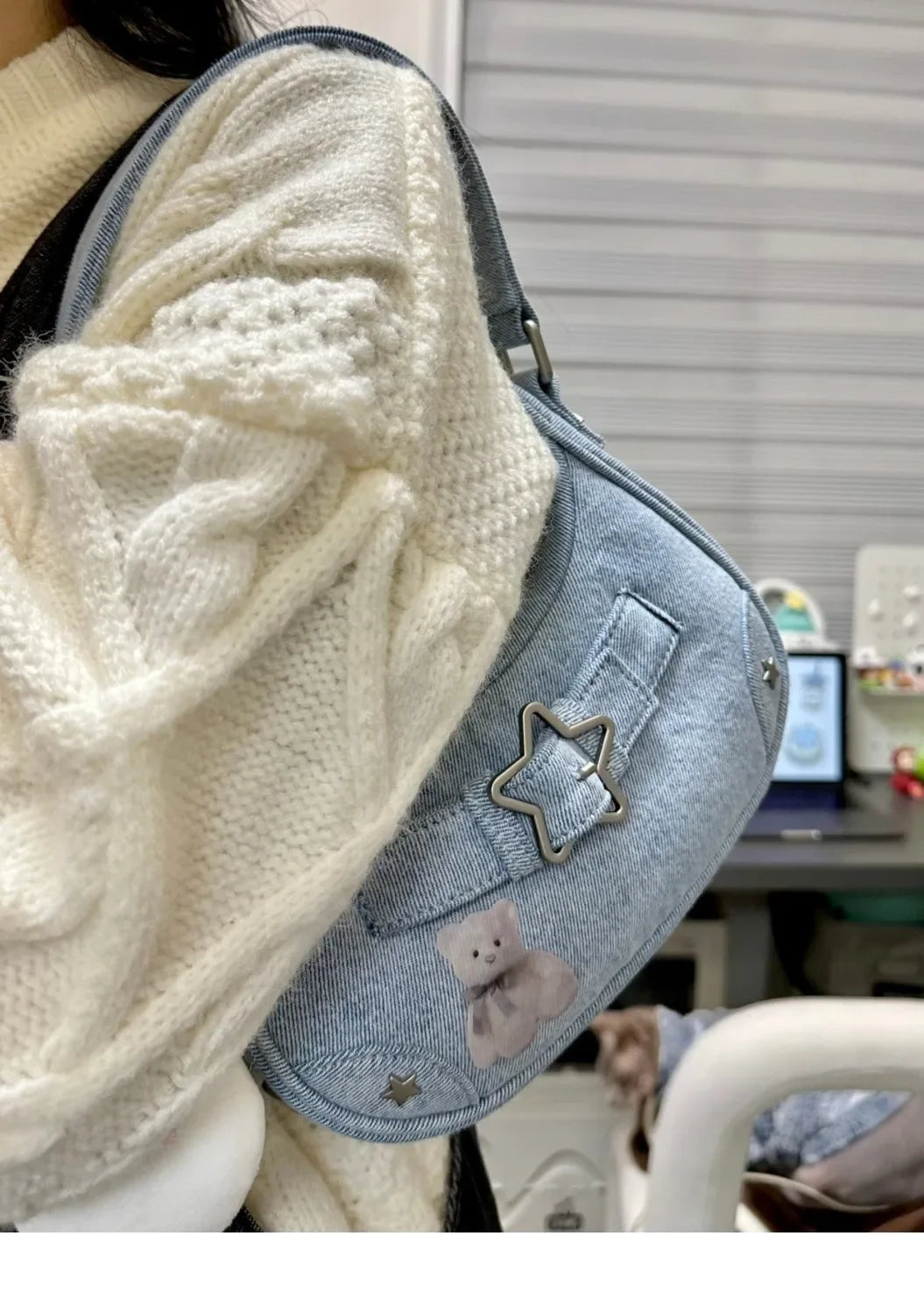 Handbag, women's small bag, mobile phone bag new high-end feeling, autumn retro denim star girl shoulder bag niche hand bag