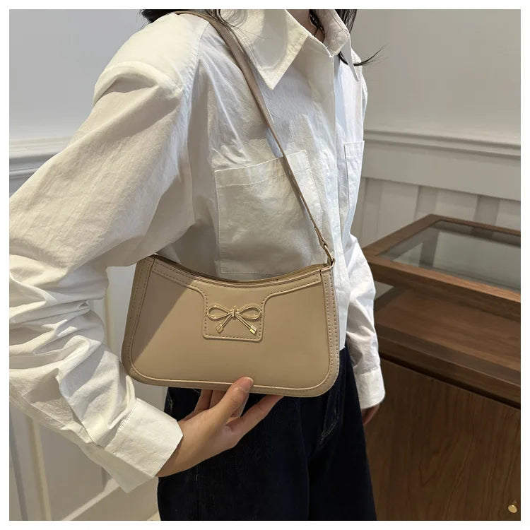 Chic Handbag Shoulder Bag for Women Elegant Underarm Purse with Golden-Tone Bow Detail, PU Material, Perfect for Everyday Use