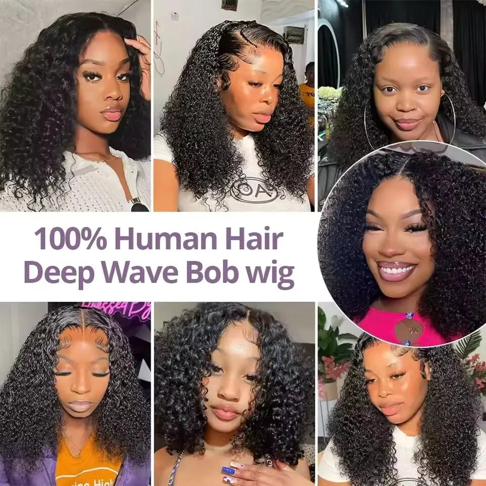 Deep Wave Human Hair Wigs 13x6 Transparent Lace Front Bob Wig With Adjustable Strap Short Bob to Wear Remy Hair Wig for Women