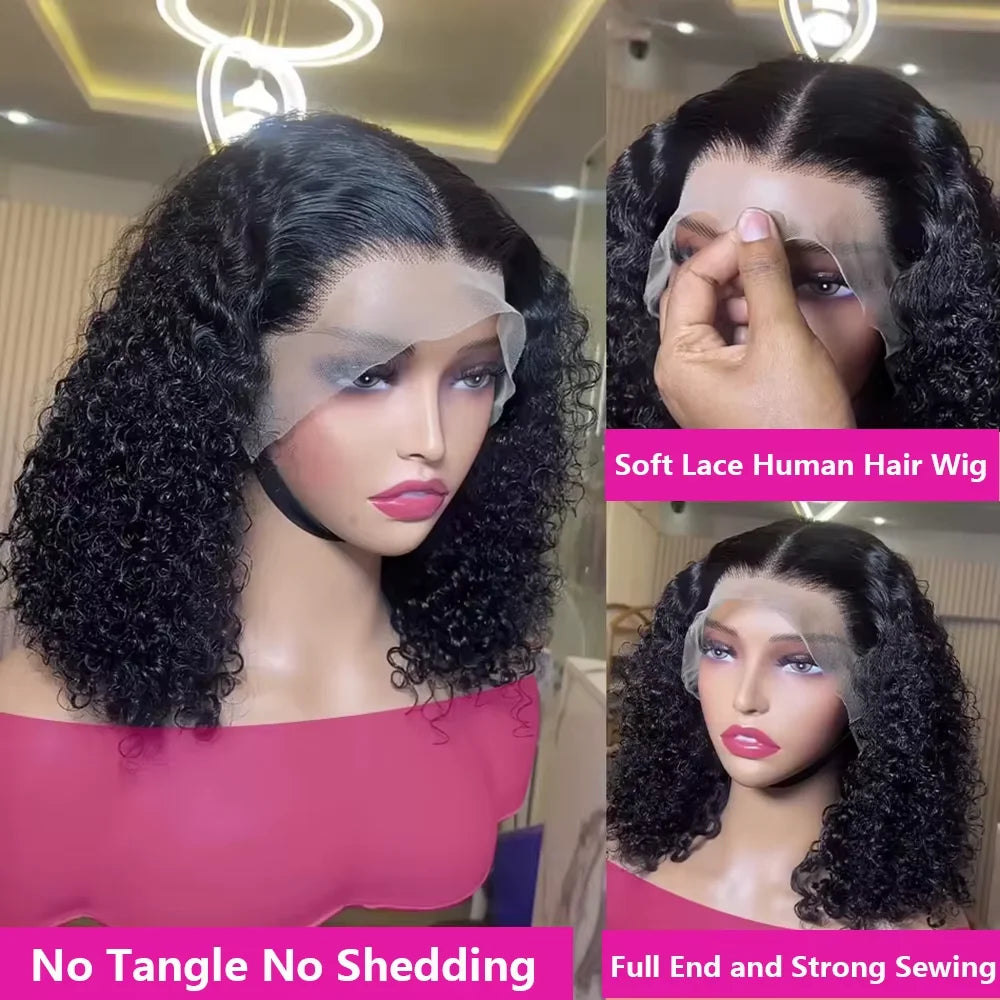 Brazilian 100% Human Deep Curly Bob Hair Wigs Natural Black Color Deep Wave HD Lace Front Part 13x4 Transparent Lace Wigs
