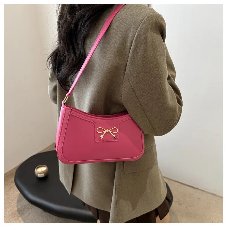Chic Handbag Shoulder Bag for Women Elegant Underarm Purse with Golden-Tone Bow Detail, PU Material, Perfect for Everyday Use
