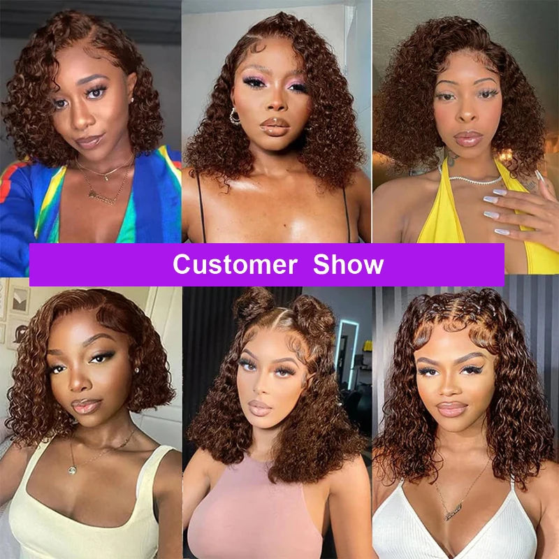 Deep Curly Chocolate Brown 200% Density Bob Wig Wet And Water Wavy Pre Plucked Virgin Hair 13x4 Lace Frontal Human Hair Wigs #4