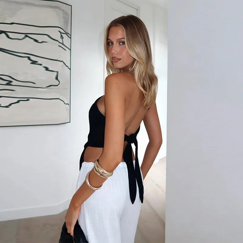 Inclined Shoulder Halter Top Asymmetrical Crop Tops Bandage Y2k Clothes Backless Hot Tops For Women Streetwear Tie Back Corset
