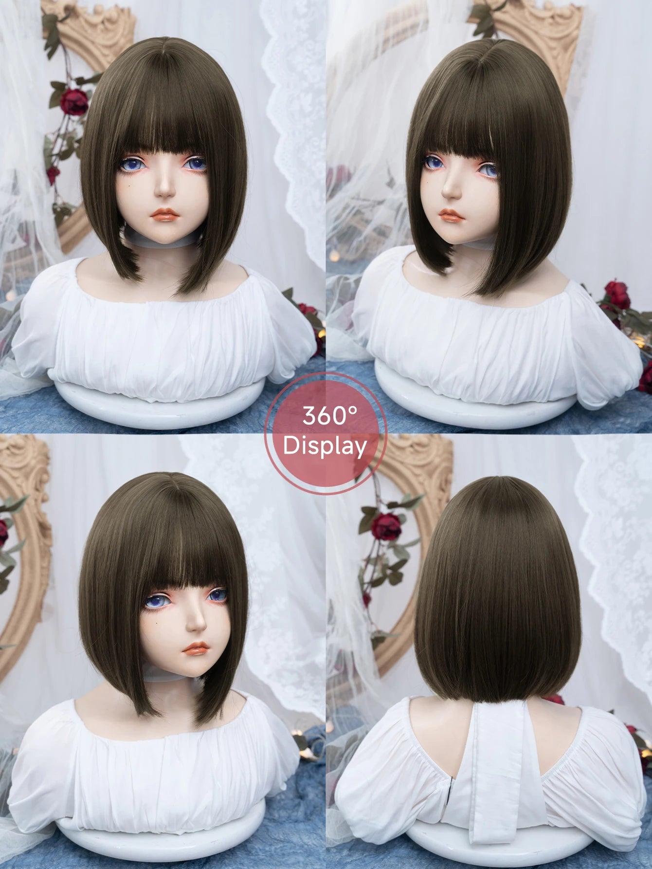 12Inch High-Fashion Deep Brown Synthetic Wigs With Bang Short Natural Straight Hair Wig For Women Daily Use Cos Heat Resistant