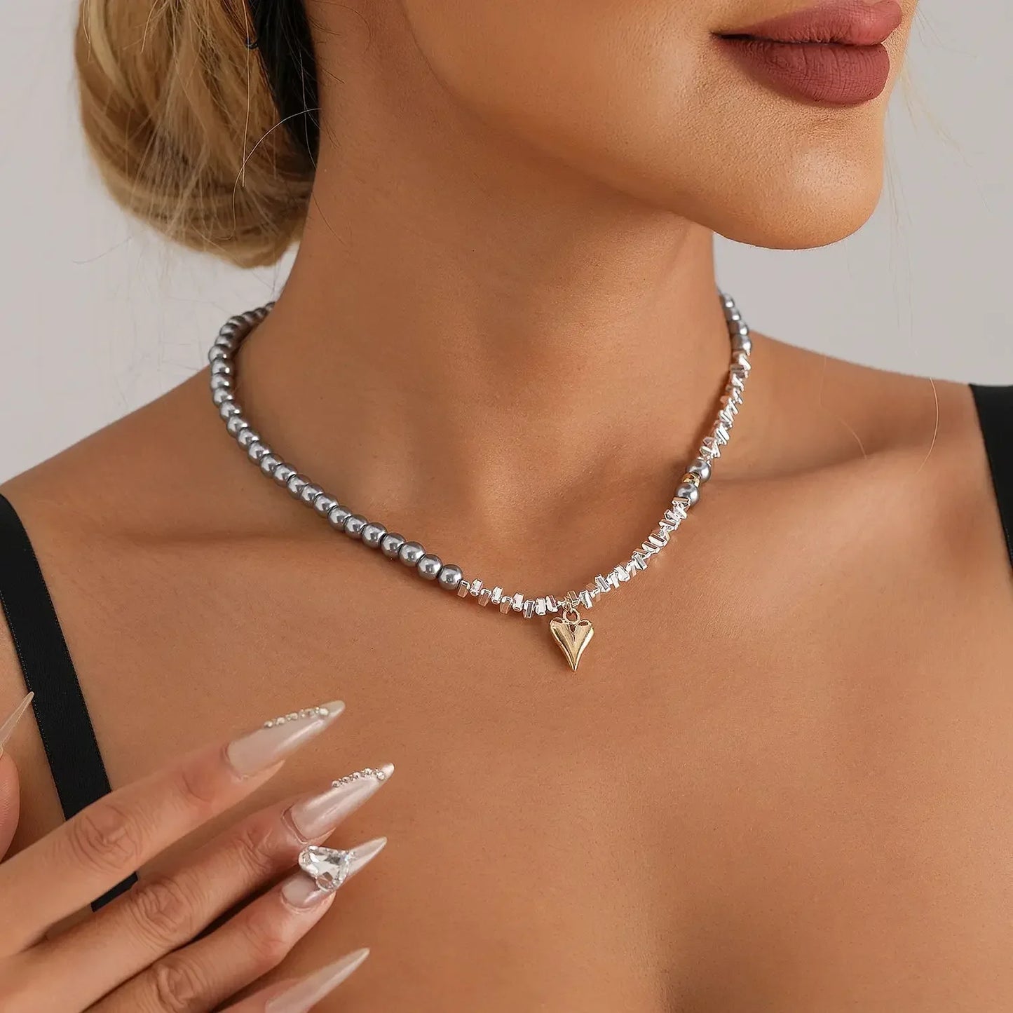 New Heart Beaded Necklace Bracelet Ring Women Boho Crystal Class Gravel Clavicle Chain Cool Y2K Choker Exquisite Fashion Jewelry