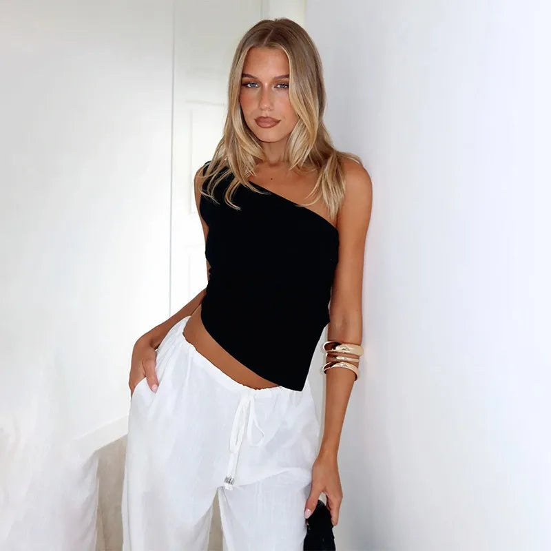 Inclined Shoulder Halter Top Asymmetrical Crop Tops Bandage Y2k Clothes Backless Hot Tops For Women Streetwear Tie Back Corset