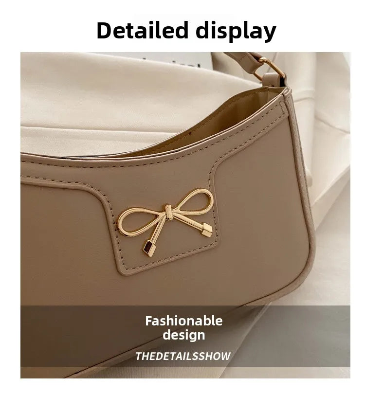 Chic Handbag Shoulder Bag for Women Elegant Underarm Purse with Golden-Tone Bow Detail, PU Material, Perfect for Everyday Use