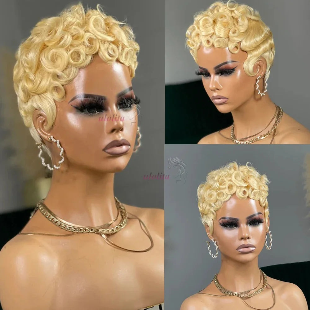 Deep Wave Wig Human Hair 613 Honey Blonde Short Pixie Cut Wig For Black Women Full Machine Made Curly Wigs Ginger Wig Human Hair
