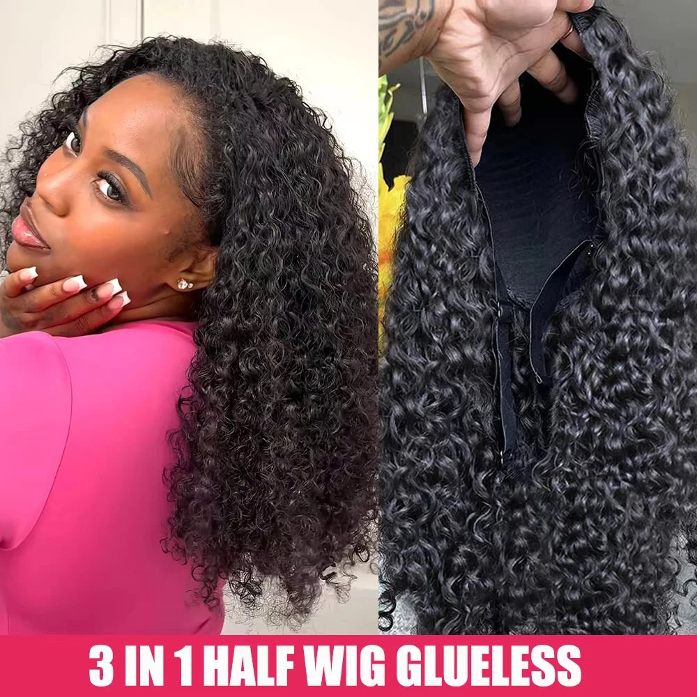 Kinky Curly Human Hair Wig 3 IN 1 Half Wigs Human Hair 250% Density Full Machine Made Clip-in With Drawstring Seamless