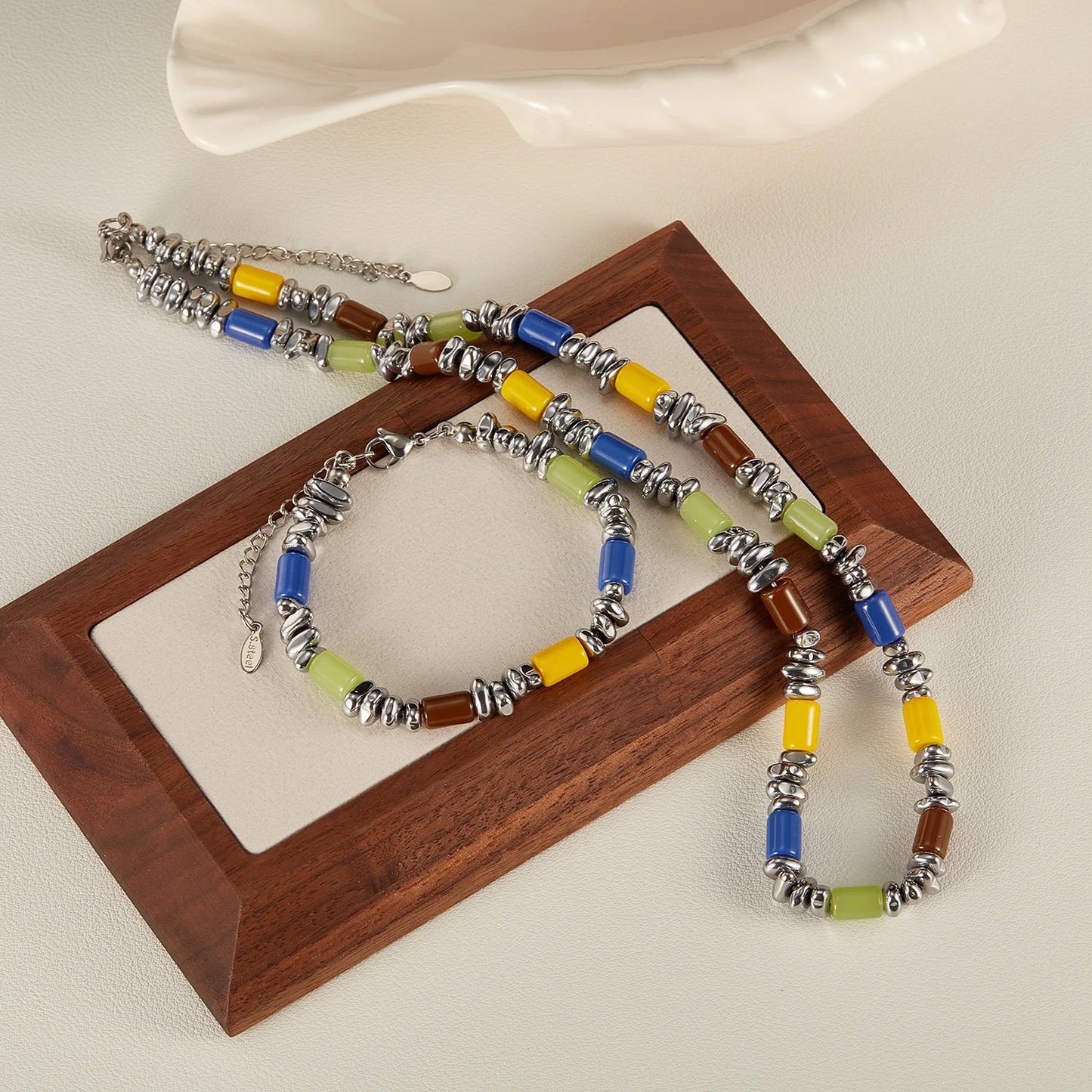 Necklaces and Bracelet Set for Women Beautiful Colorful Hand Chains Fashion Jewelry Stainless Steel Gold Color