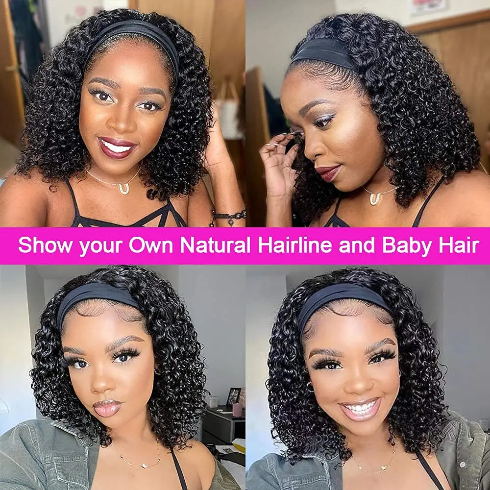 Human Hair Headband Wig Short Curly Human Hair Wigs Full Machine Made Indian Remy Human Hair Wigs For Black Women 180% Density
