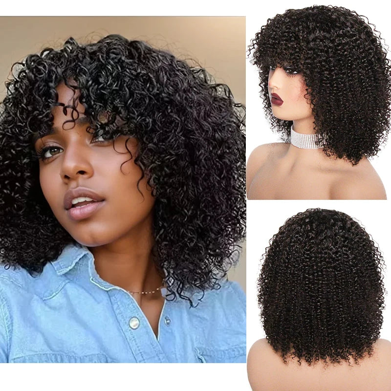 Human Hair Curly Wig With Bangs Natural Brazilian Hair Wigs For Women Short Curly Bob Wigs With Fringe 180% D Full Machine Wigs