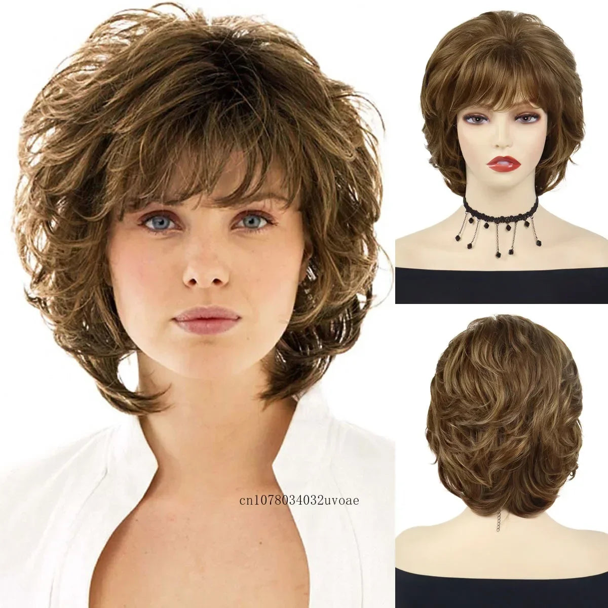 Brown Curly Wig with Bangs Synthetic Short Wigs for Women Korean Hairstyle Witty Cute Ladies Hair Daily Cosplay Halloween Party