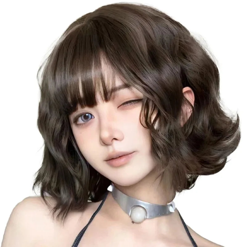 32m Synthetic Short Curly Hair Wig for Women Natural Wavy Wig with Air Bangs Fashionable Full Head Wig Cosplay Curly Hair Female