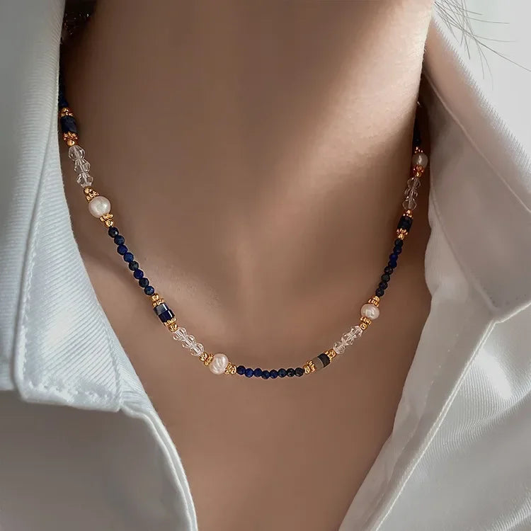 Natural Pearls Necklaces Bracelets Set Women Girls Black Crystal Agate Lazurite Zircon Collarbone Chain Necklace Jewelry Gift