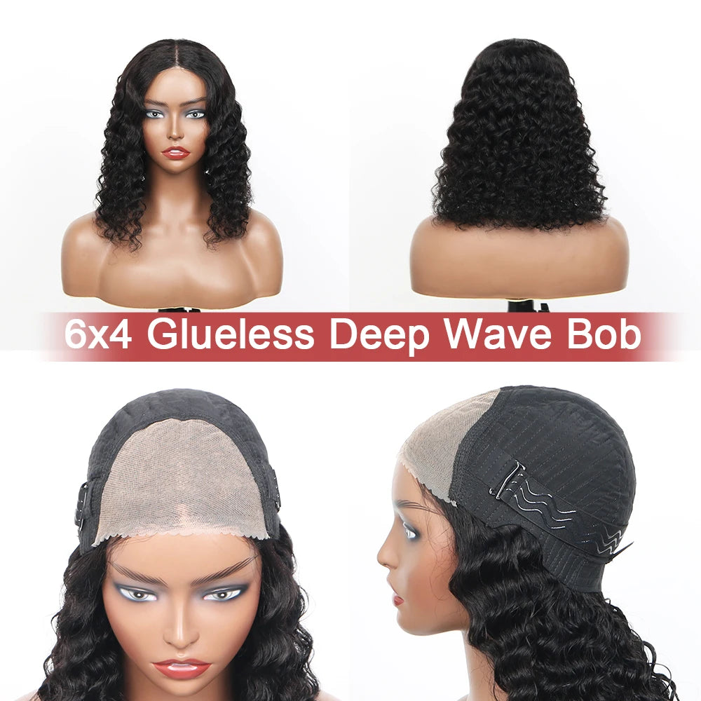 Glueless Wigs 6x4 Deep Wave Bob Human Hair Wigs For Women Bleached Knots Lace Wig Pre Plucked Pre Cut Lace Ready To Wear Wigs