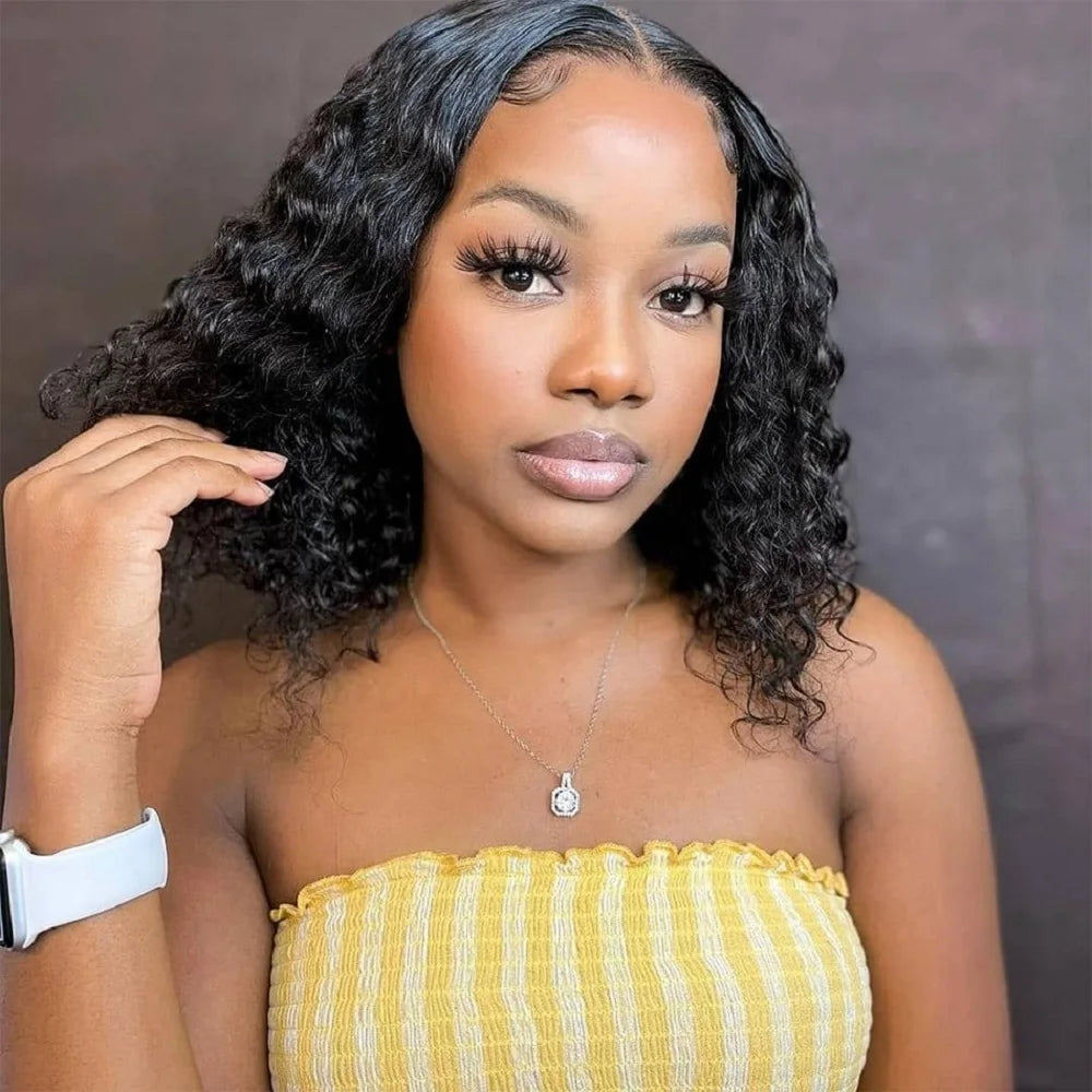 Deep Wave Bob Wig 180% Wear Go Glueless Wig 4x4 Pre-Cut Preplucked Lace Closure Wig Brazilian Deep Curly Human Hair Wigs