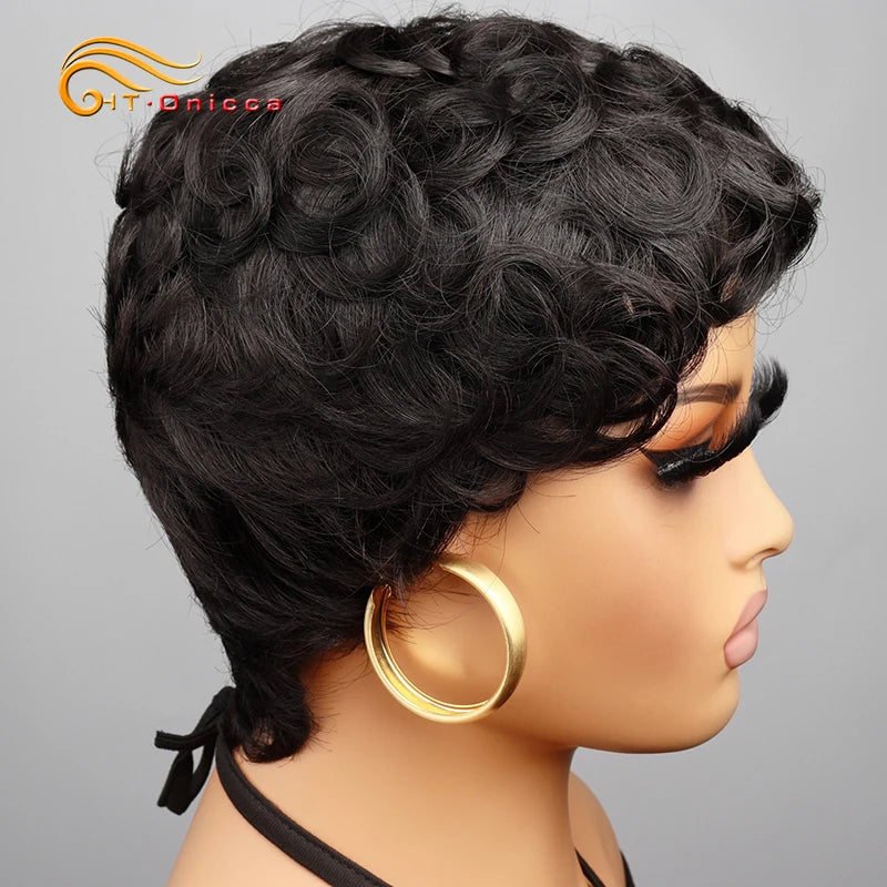 Curly 100% Human Hair Wigs Brazilian Remy Hair Pixie Cut Wigs Human Hair For Women Full Machine Made Wigs 150% Natural Color