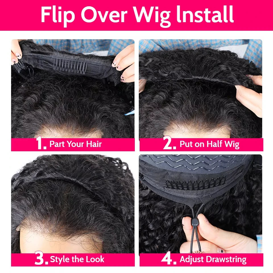 Kinky Curly Human Hair Wig 3 IN 1 Half Wigs Human Hair 250% Density Full Machine Made Clip-in With Drawstring Seamless