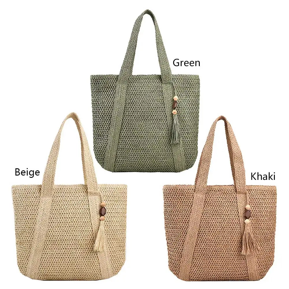 Hand-Woven Handbags Summer Ladies Woven Bag Fashion Handmade Simple Large Capacity with Tassel Pendant Shopping Handbag Tote