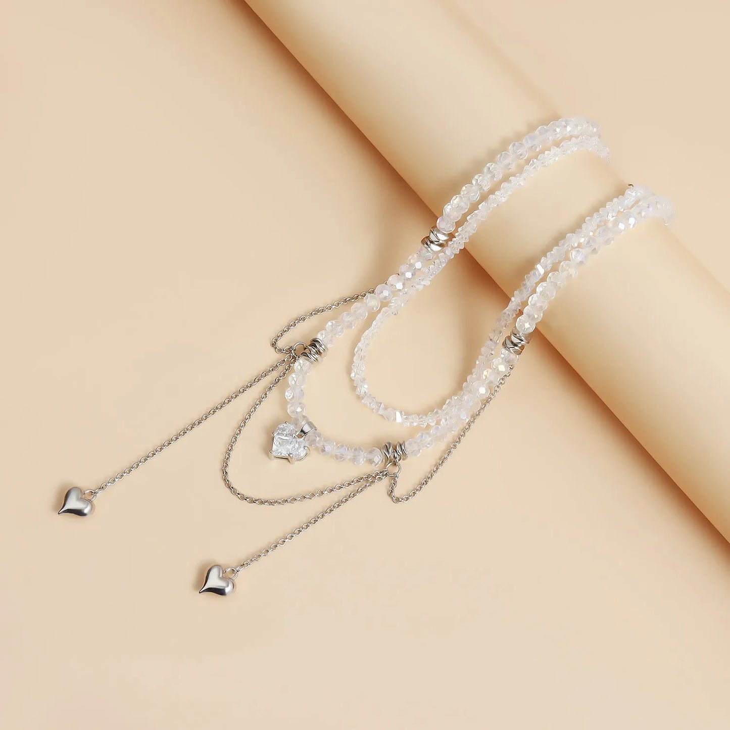 New Heart Beaded Necklace Bracelet Ring Women Boho Crystal Class Gravel Clavicle Chain Cool Y2K Choker Exquisite Fashion Jewelry