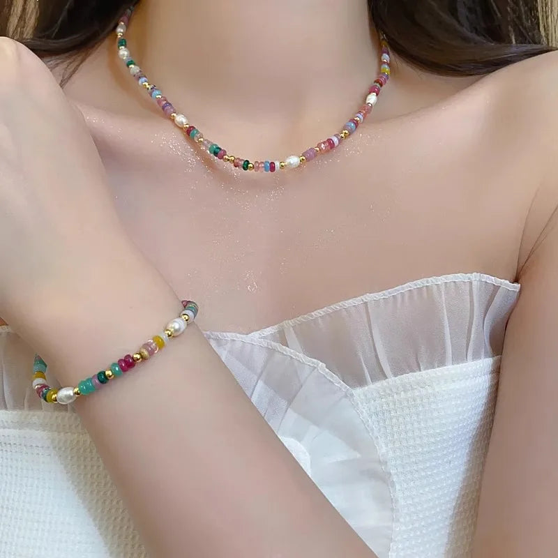 Natural Pearls Necklaces Bracelets Set Women Girls Black Crystal Agate Lazurite Zircon Collarbone Chain Necklace Jewelry Gift