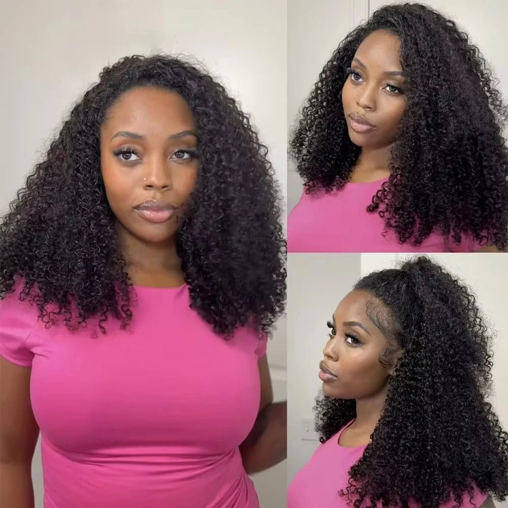 Kinky Curly Human Hair Wig 3 IN 1 Half Wigs Human Hair 250% Density Full Machine Made Clip-in With Drawstring Seamless
