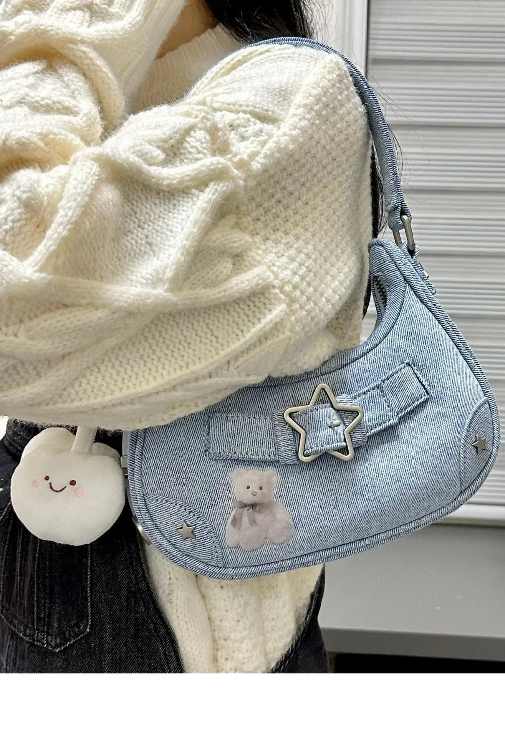 Handbag, women's small bag, mobile phone bag new high-end feeling, autumn retro denim star girl shoulder bag niche hand bag