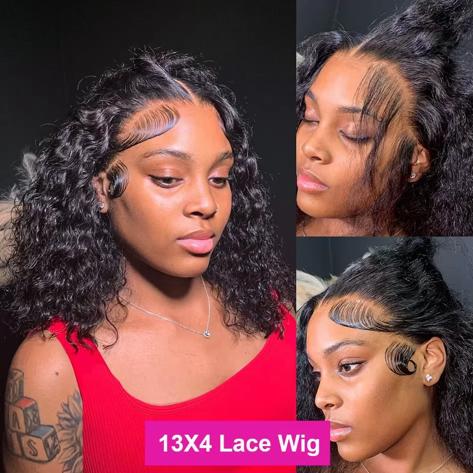 Brazilian 100% Human Deep Curly Bob Hair Wigs Natural Black Color Deep Wave HD Lace Front Part 13x4 Transparent Lace Wigs