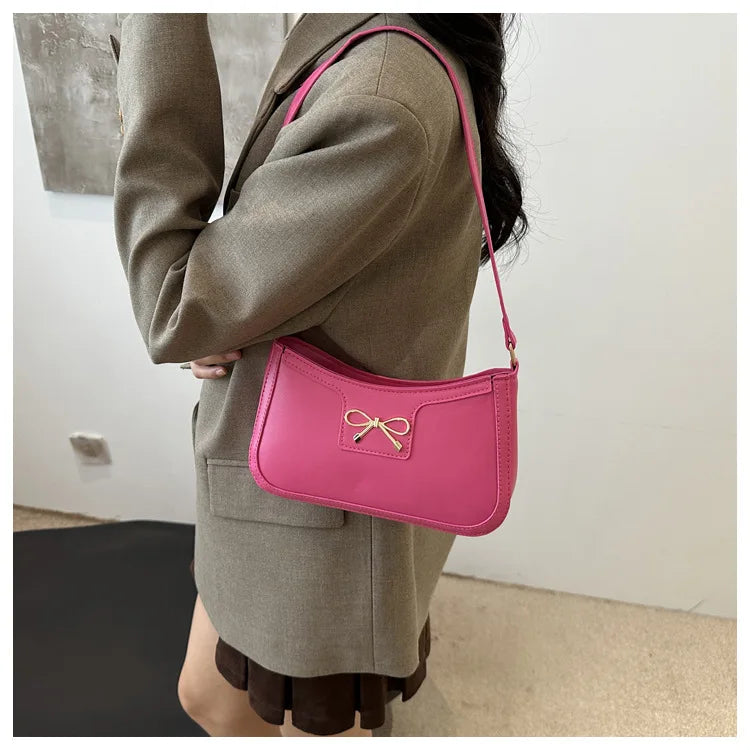 Chic Handbag Shoulder Bag for Women Elegant Underarm Purse with Golden-Tone Bow Detail, PU Material, Perfect for Everyday Use