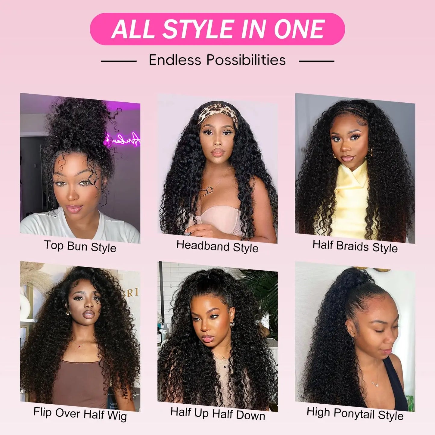 Kinky Curly Human Hair Wig 3 IN 1 Half Wigs Human Hair 250% Density Full Machine Made Clip-in With Drawstring Seamless