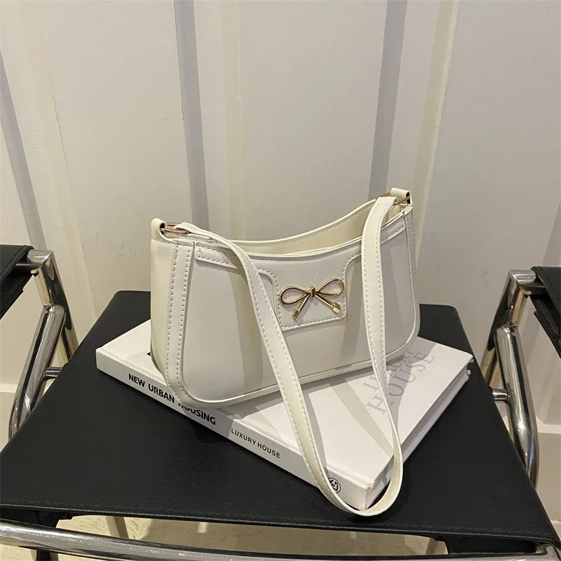 Chic Handbag Shoulder Bag for Women Elegant Underarm Purse with Golden-Tone Bow Detail, PU Material, Perfect for Everyday Use