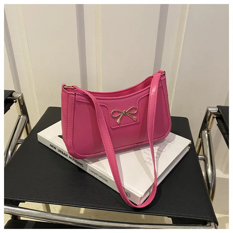 Chic Handbag Shoulder Bag for Women Elegant Underarm Purse with Golden-Tone Bow Detail, PU Material, Perfect for Everyday Use